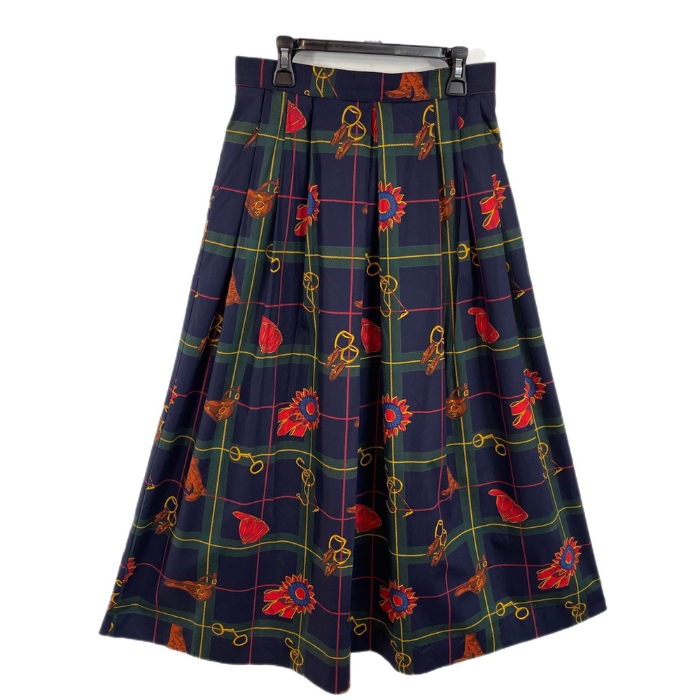 Vintage Alexander Campbell Plaid Equestrian Print Skirt 8 Pockets Green Blue